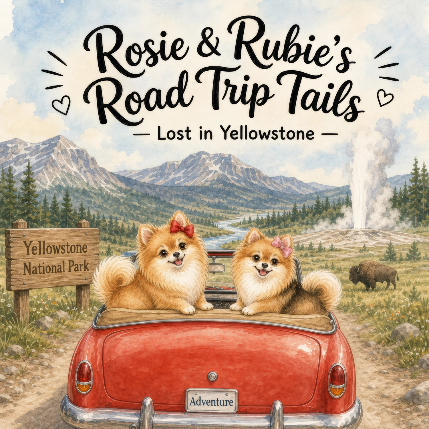 Lost in Yellowstone book cover with Rosie and Rubie in their red convertible