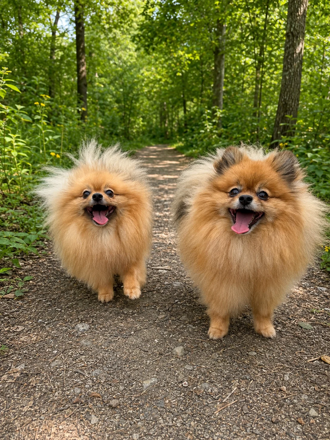 The real Rosie and Rubie together on a leafy woodland trail