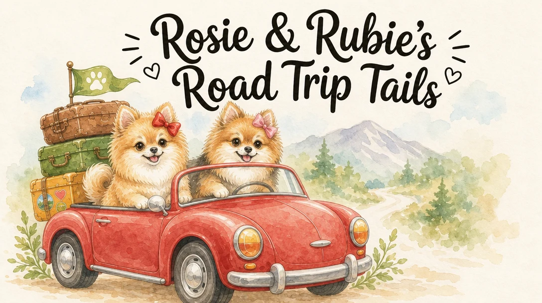 Rosie and Rubie's Road Trip Tails watercolor illustration of two Pomeranians in a red convertible